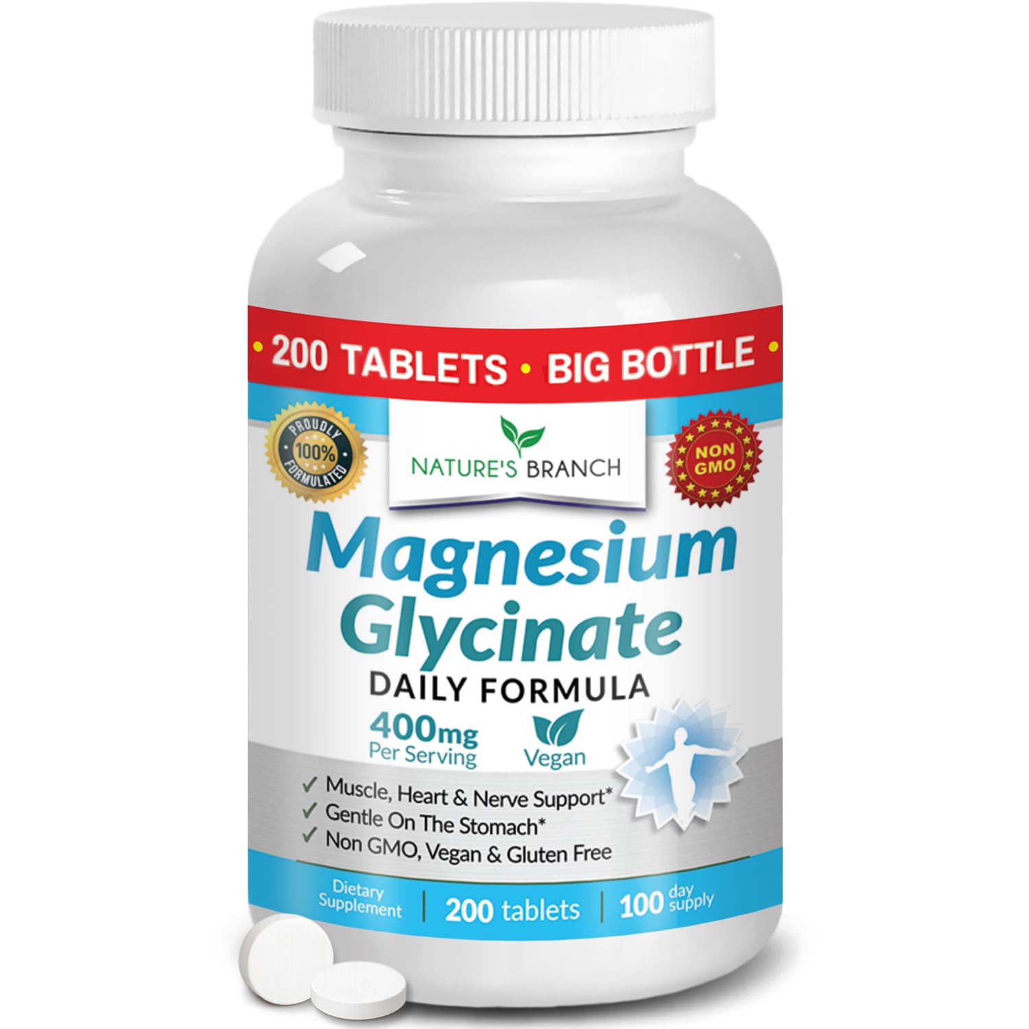 NATURE'S BRANCH Magnesium Glycinate 400mg bottle front for daily wellness