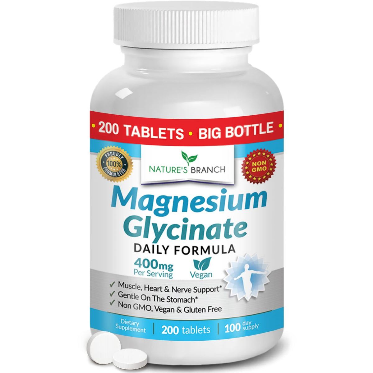 NATURE'S BRANCH Magnesium Glycinate 400mg bottle front for daily wellness
