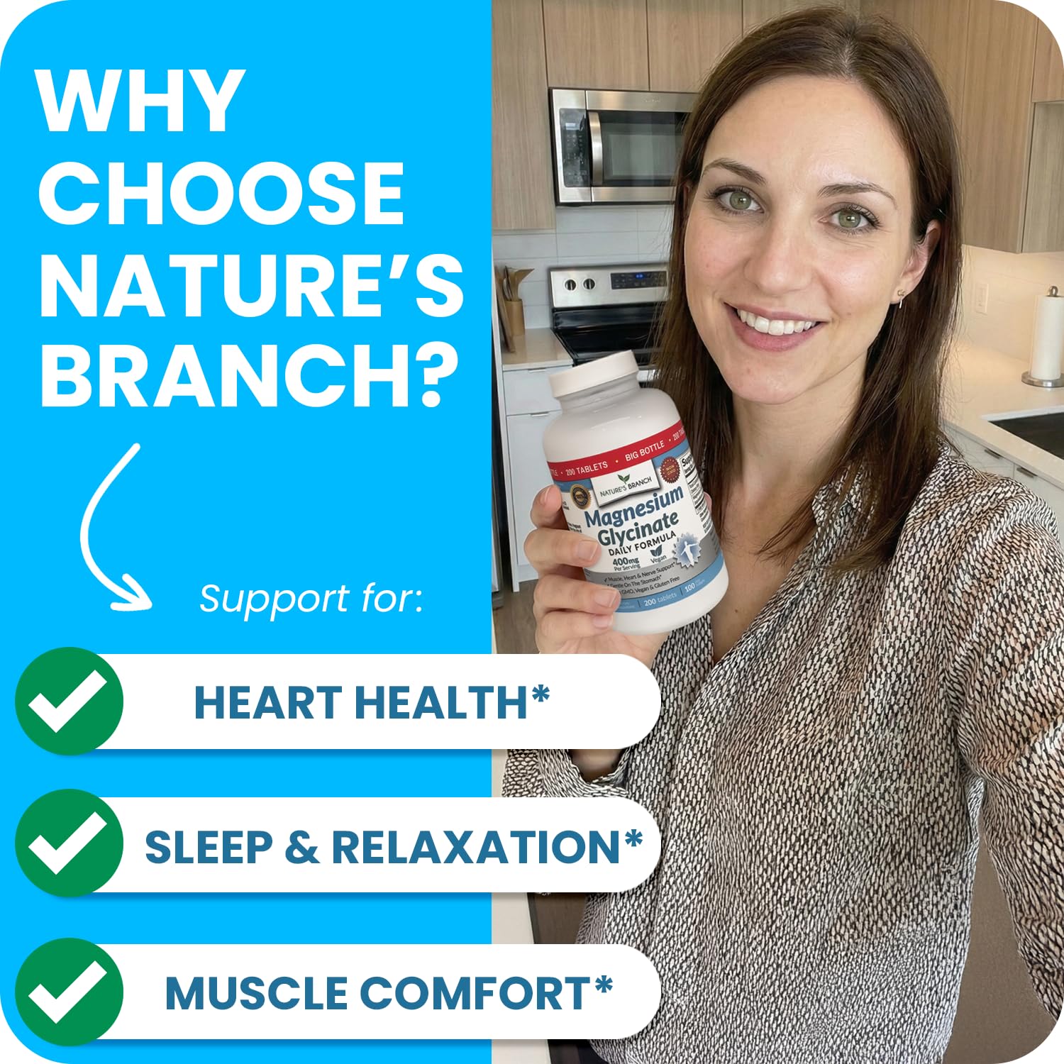 USA-made quality label on NATURE'S BRANCH Magnesium Glycinate 400mg