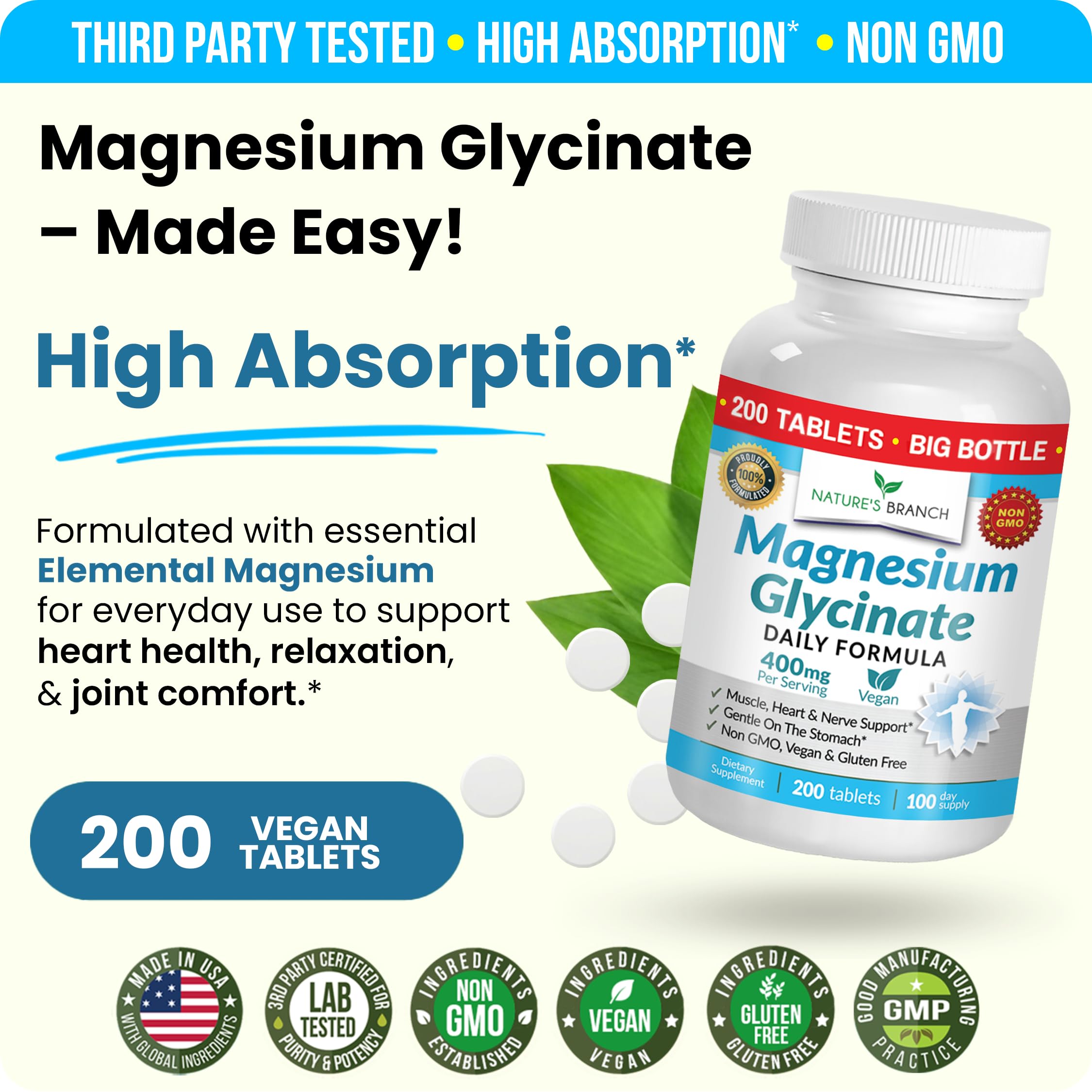 Vegan label on NATURE'S BRANCH Magnesium Glycinate 400mg bottle