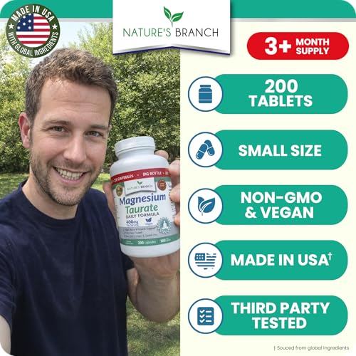 Nature's Branch Magnesium Taurate 400mg bottle side view highlights compact capsules for easy swallowing