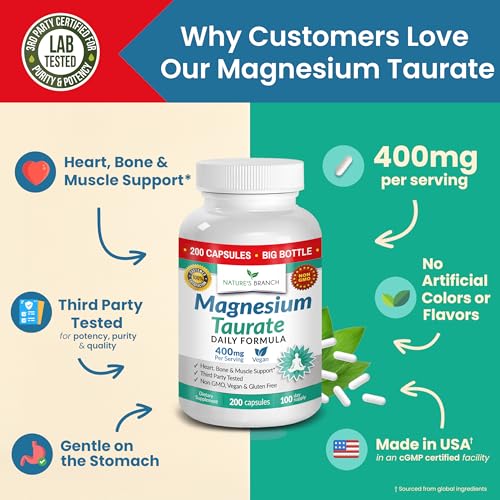 Nature's Branch Magnesium Taurate 400mg capsules close-up shows small size for fast absorption