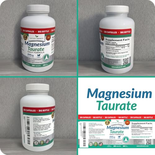 Nature's Branch Magnesium Taurate 400mg night-use routine setup with glass of water