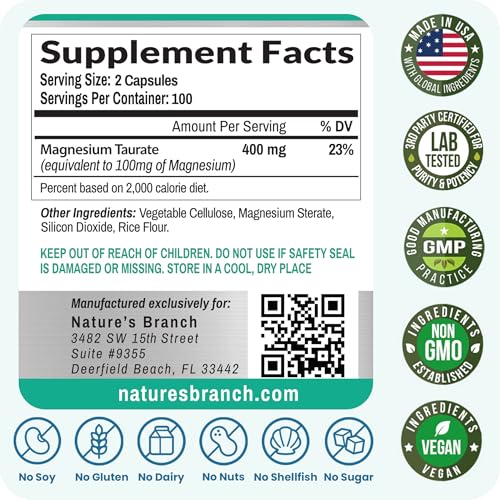 Nature's Branch Magnesium Taurate 400mg vegan label emphasizes vegan and non-GMO
