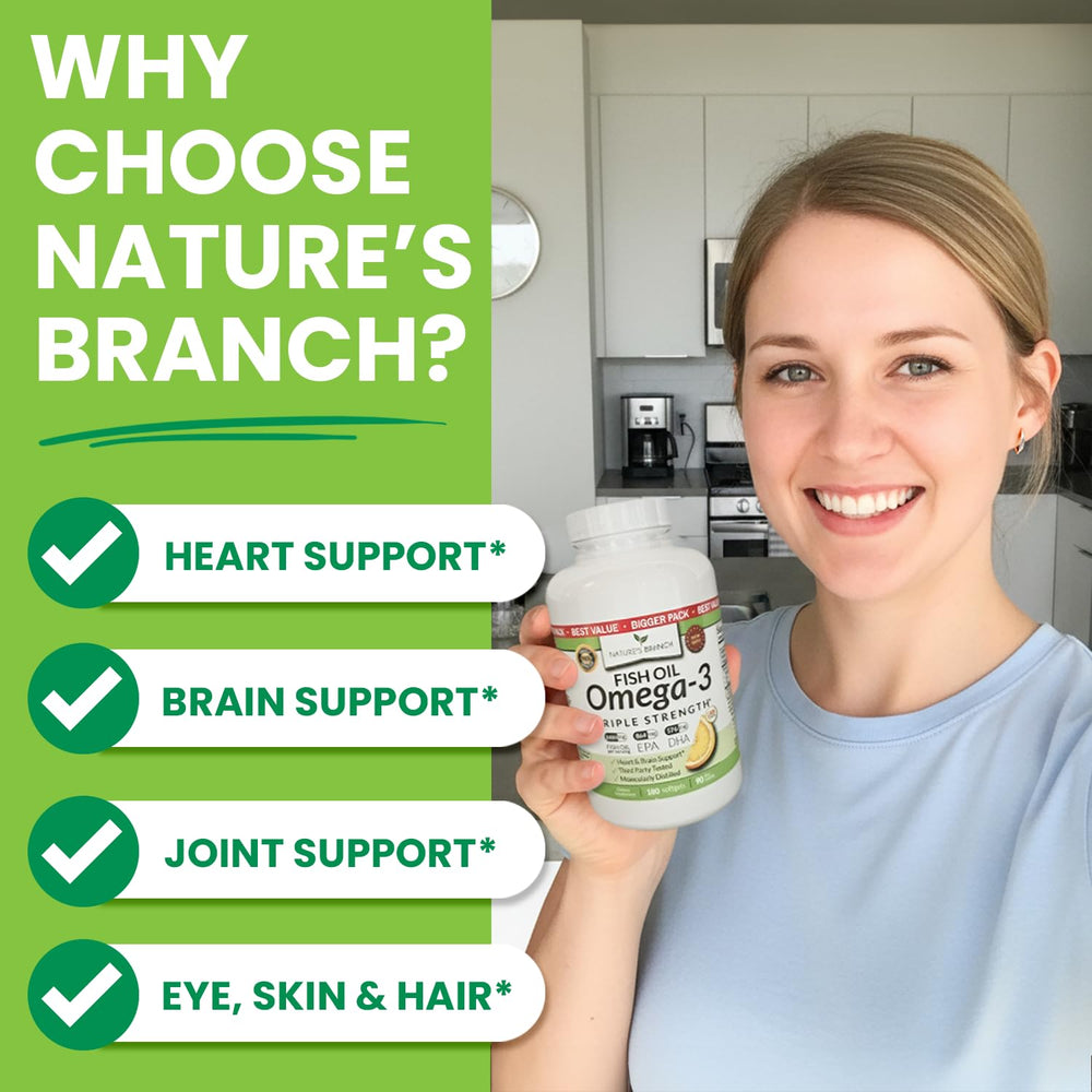 Nature's Branch molecularly distilled omega-3 bottle emphasizing purity.