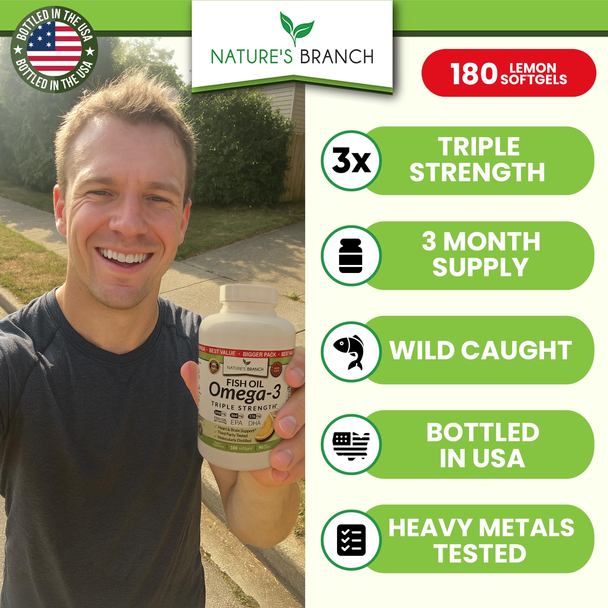Nature's Branch omega-3 capsules close-up highlighting burpless lemon coating.