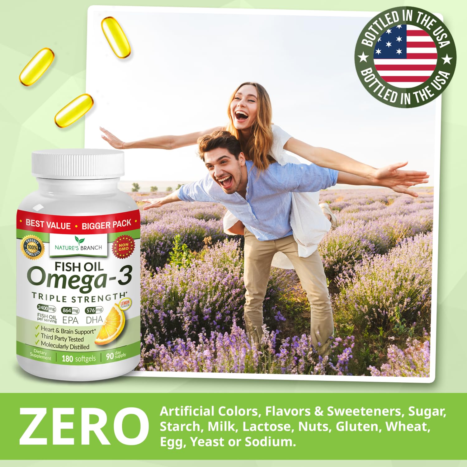 Nature's Branch 120-count omega-3 softgel bottle close-up.
