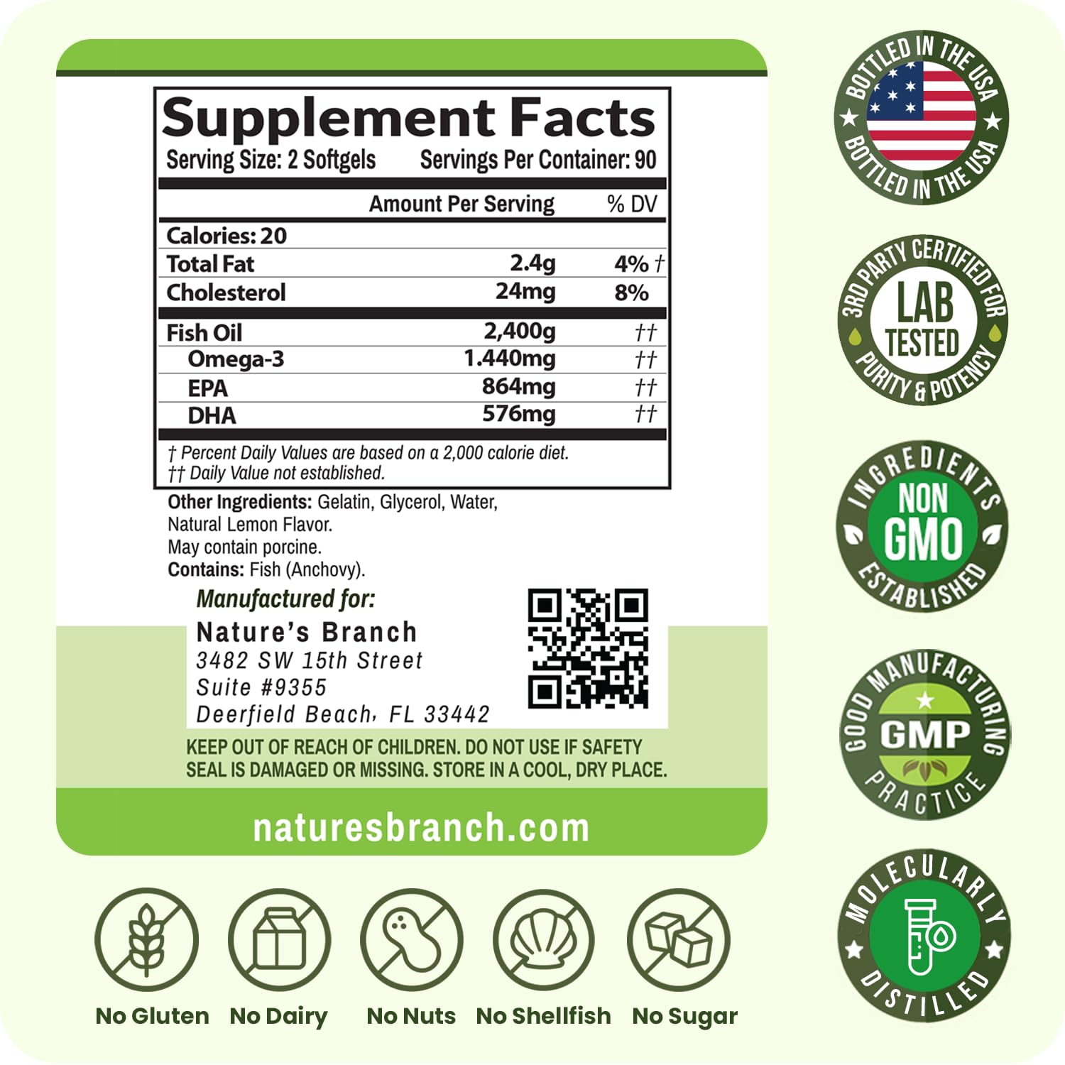 Nature's Branch third-party tested omega-3 bottle with purity seal.
