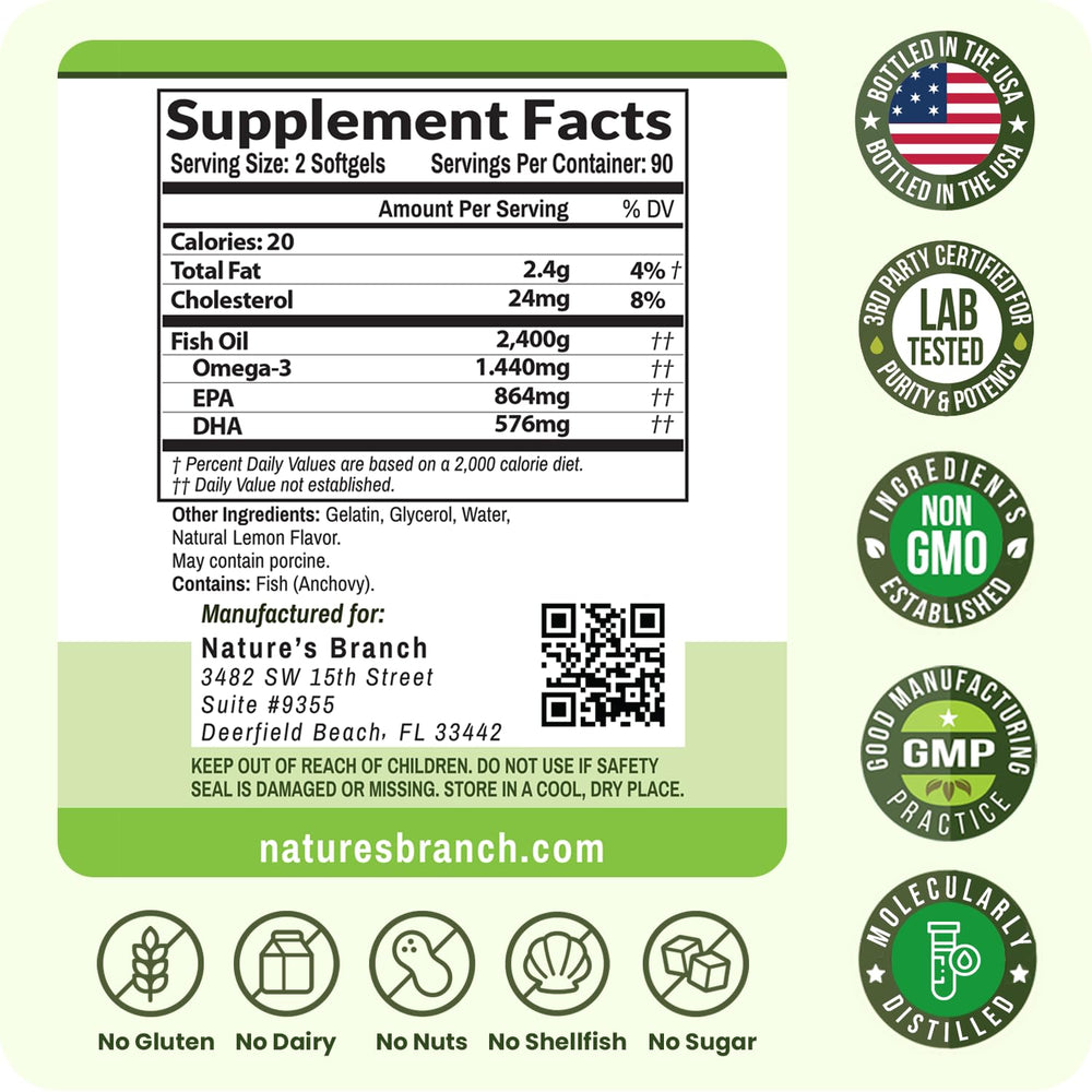 Nature's Branch third-party tested omega-3 bottle with purity seal.