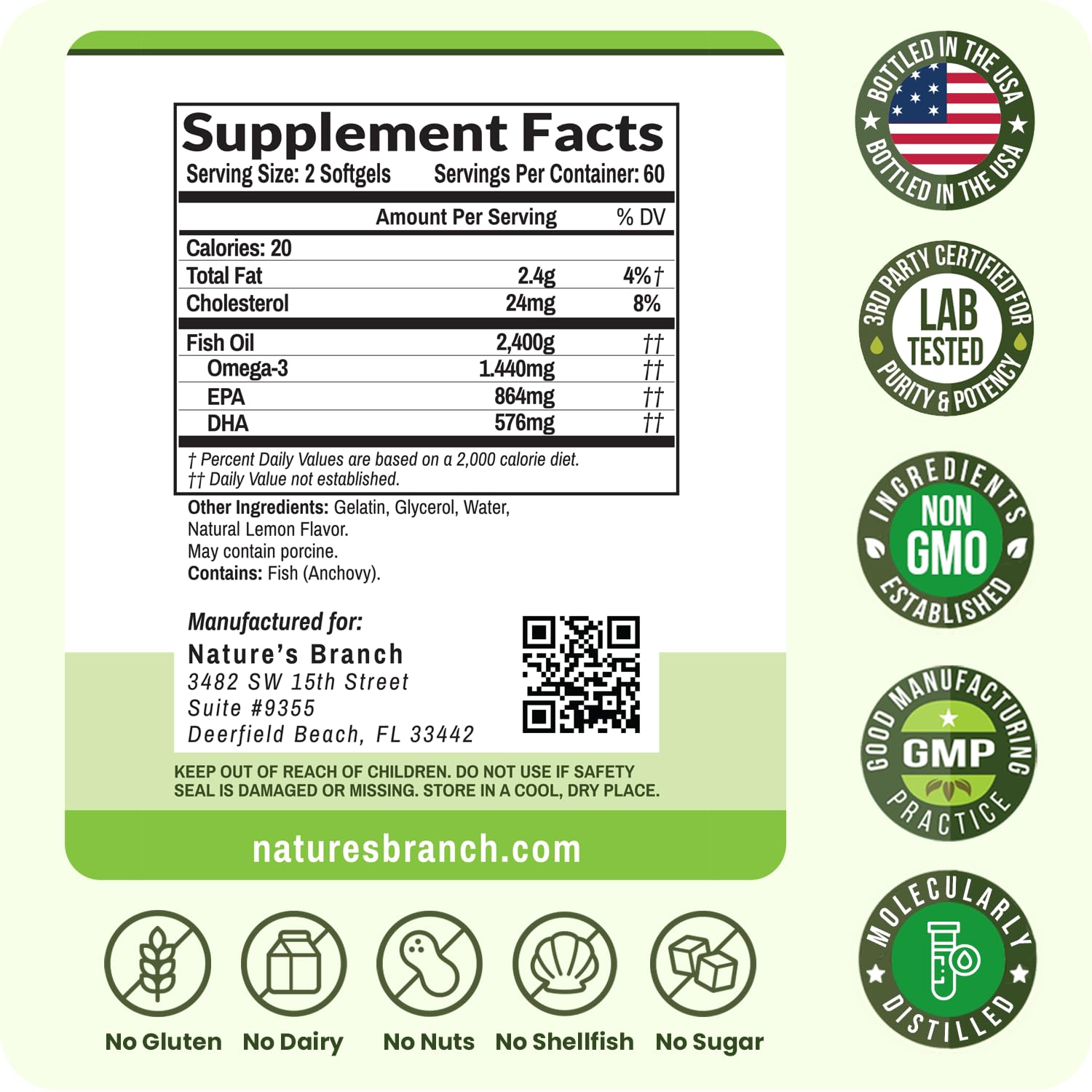 Nature's Branch third-party tested seal beside omega-3 bottle.