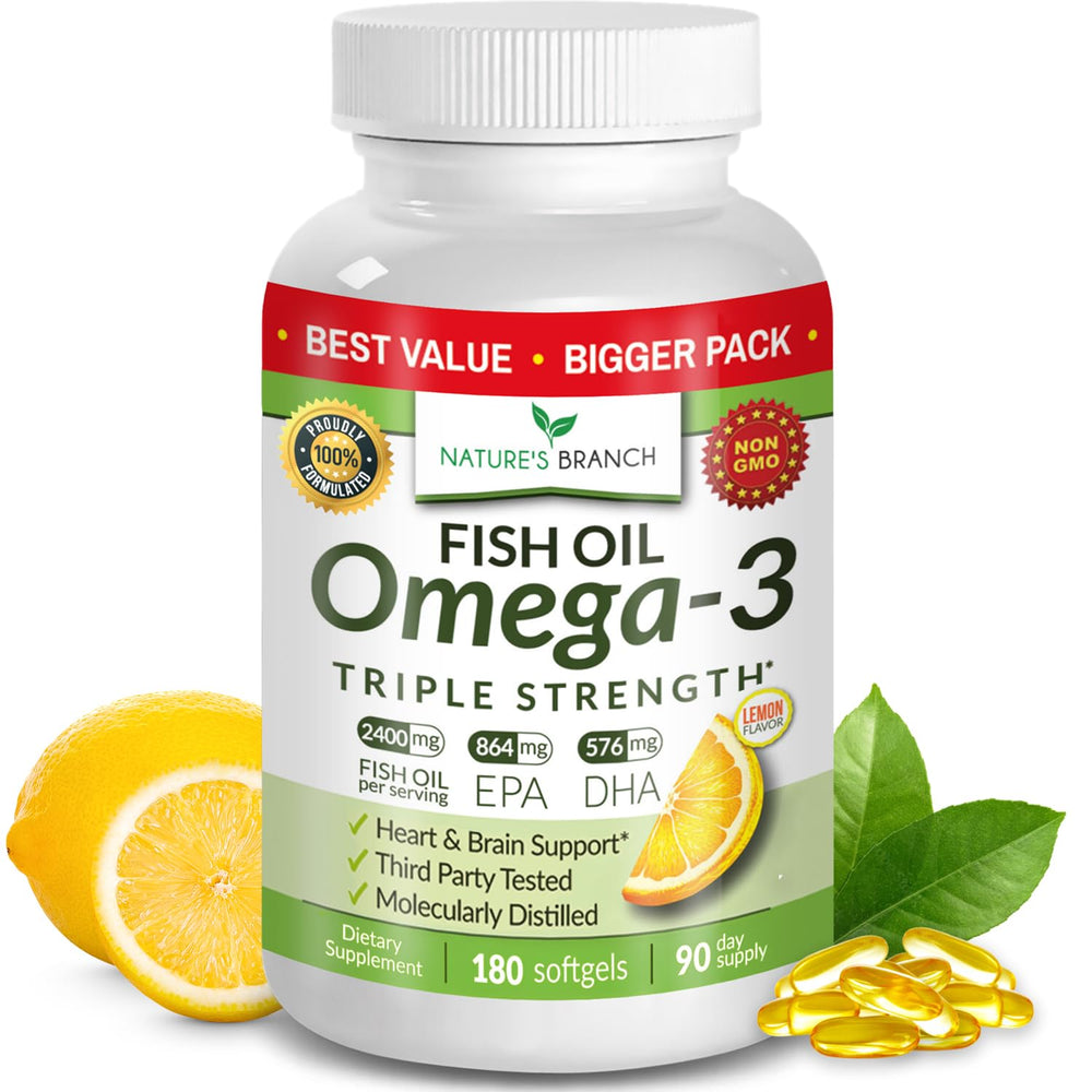 Nature's Branch triple-strength omega-3 bottle on a clean countertop for daily use.