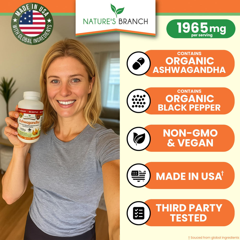 NATURE'S BRANCH UDAF organic ashwagandha packaging highlights organic certification and purity.