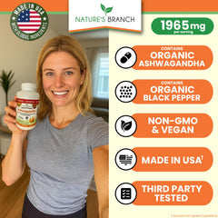 NATURE'S BRANCH UDAF organic ashwagandha packaging highlights organic certification and purity.