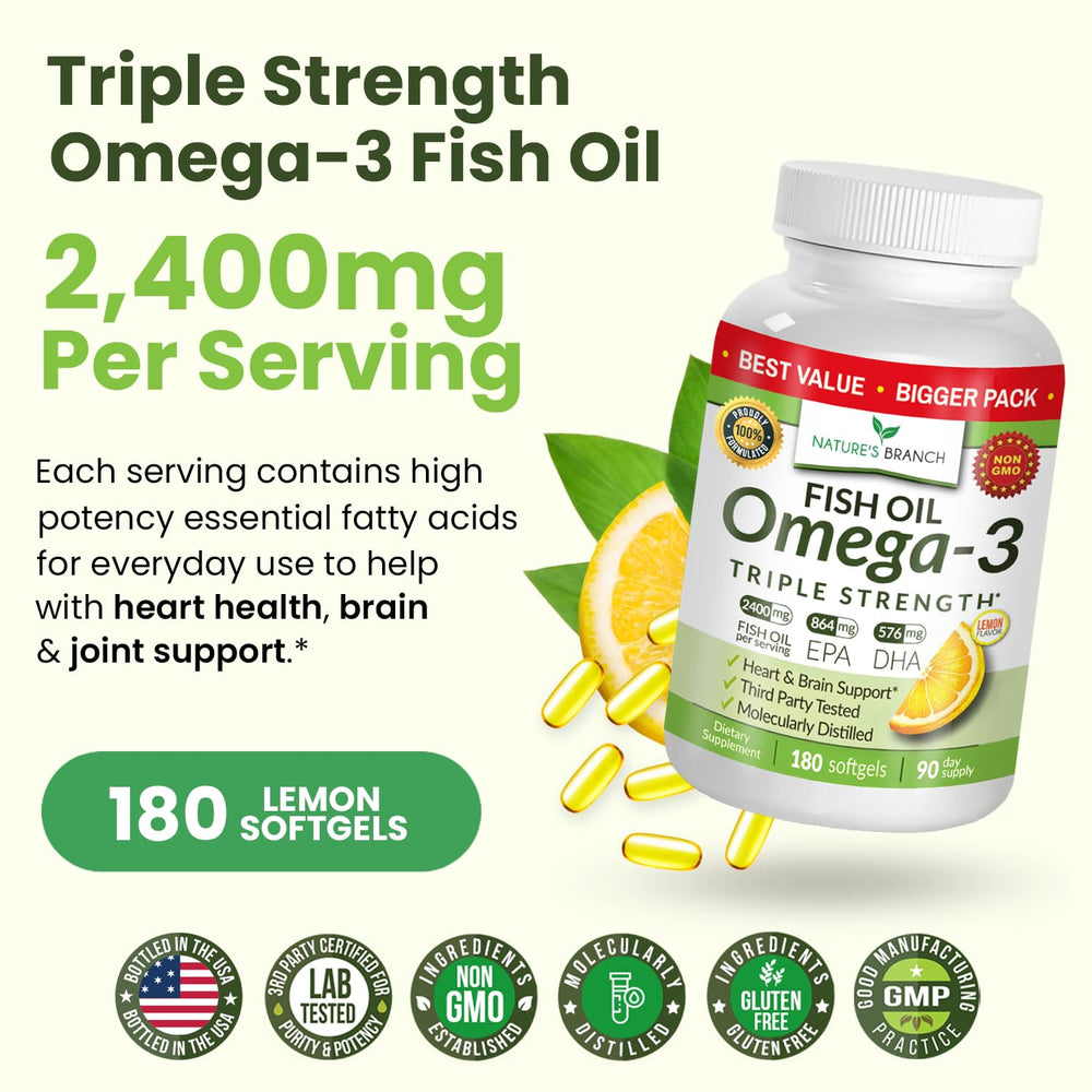 Nature's Branch USA-bottled omega-3 label highlights non-GMO quality.