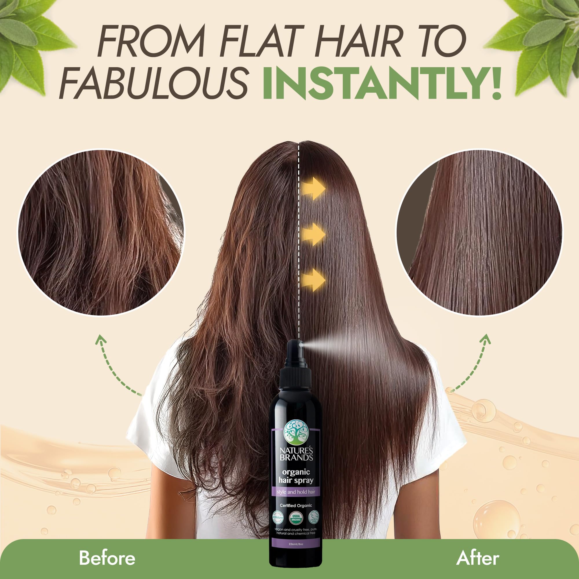 Sleek strands with frizz control after applying Nature's Brands Organic Hair Spray