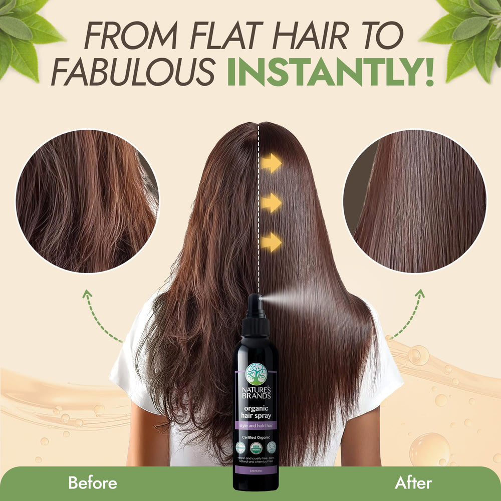 Sleek strands with frizz control after applying Nature's Brands Organic Hair Spray