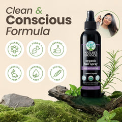 Label on Nature's Brands Organic Hair Spray highlights green tea, sage, and geranium ingredients