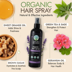 Mist being sprayed from Nature's Brands Organic Hair Spray for even coverage