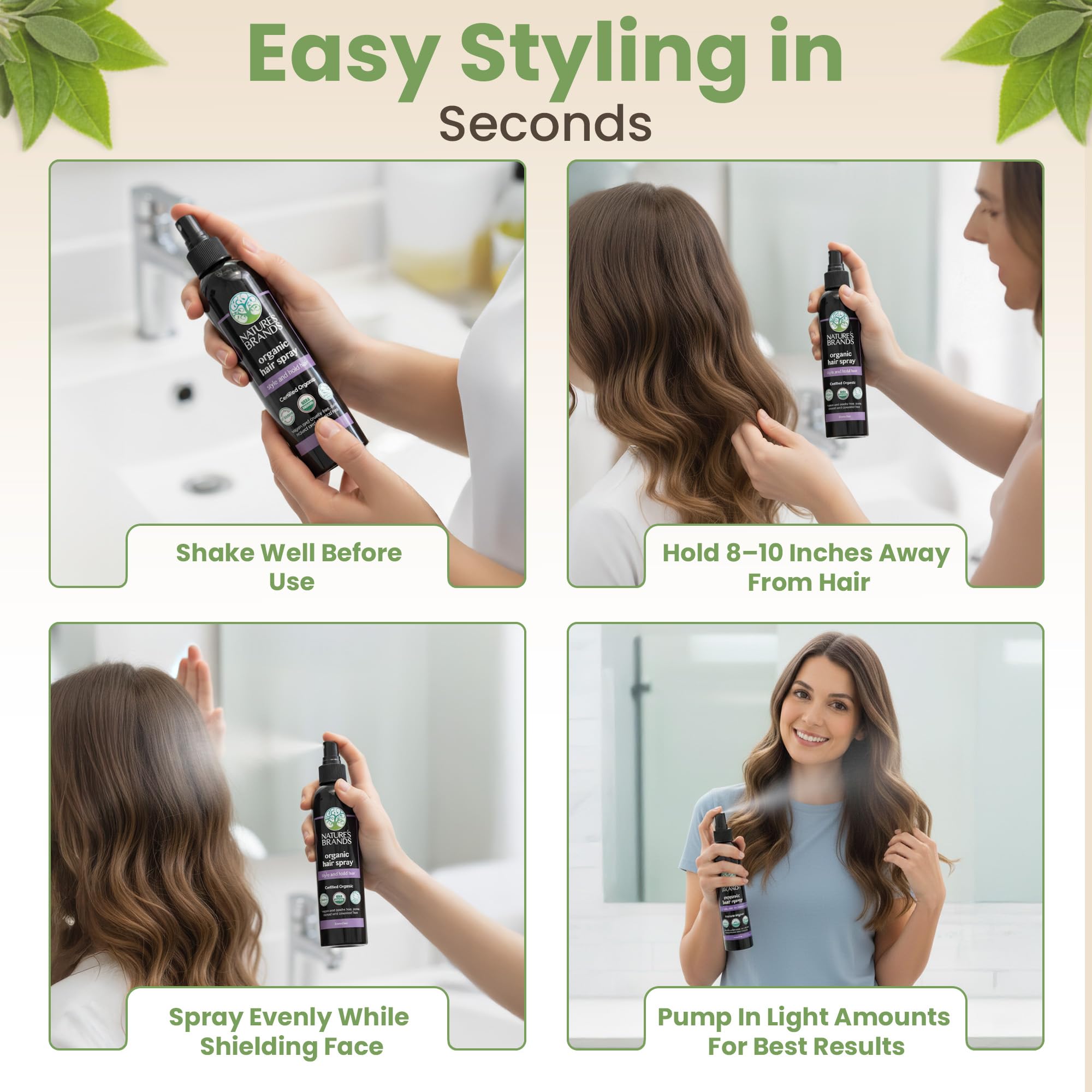 Vegan and paraben-free seal on Nature's Brands Organic Hair Spray bottle