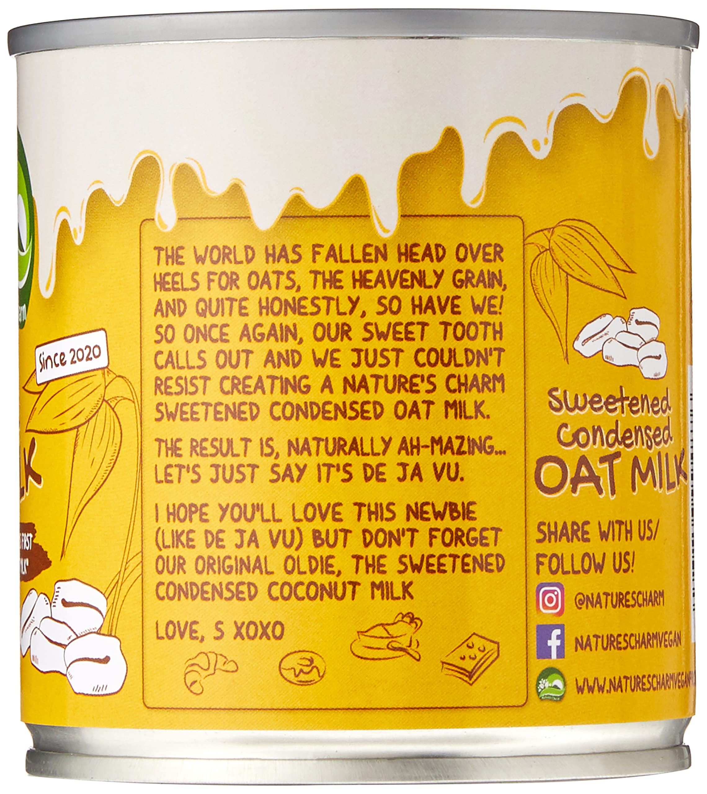 Baking setup with Nature's Charm Milk Oat Condensed suggests dairy-free dessert ideas.