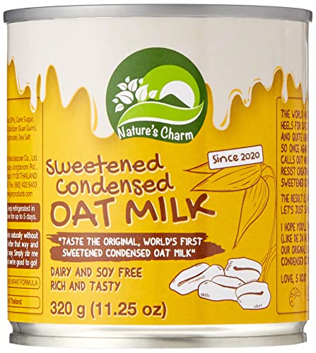 Label closeup of Nature's Charm Milk Oat Condensed showing allergen-friendly ingredients.