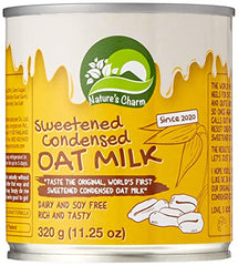 Label closeup of Nature's Charm Milk Oat Condensed showing allergen-friendly ingredients.