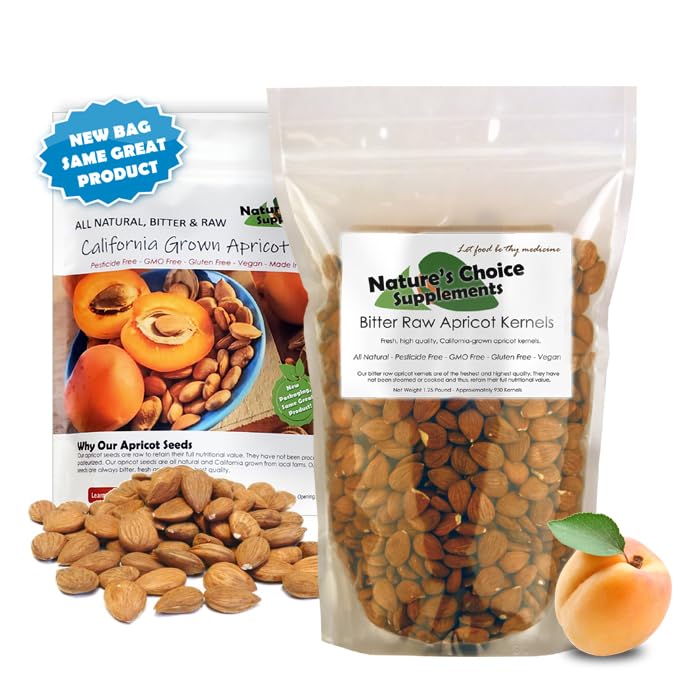 Nature's Choice apricot seeds bag close-up showing fresh, bitter flavor