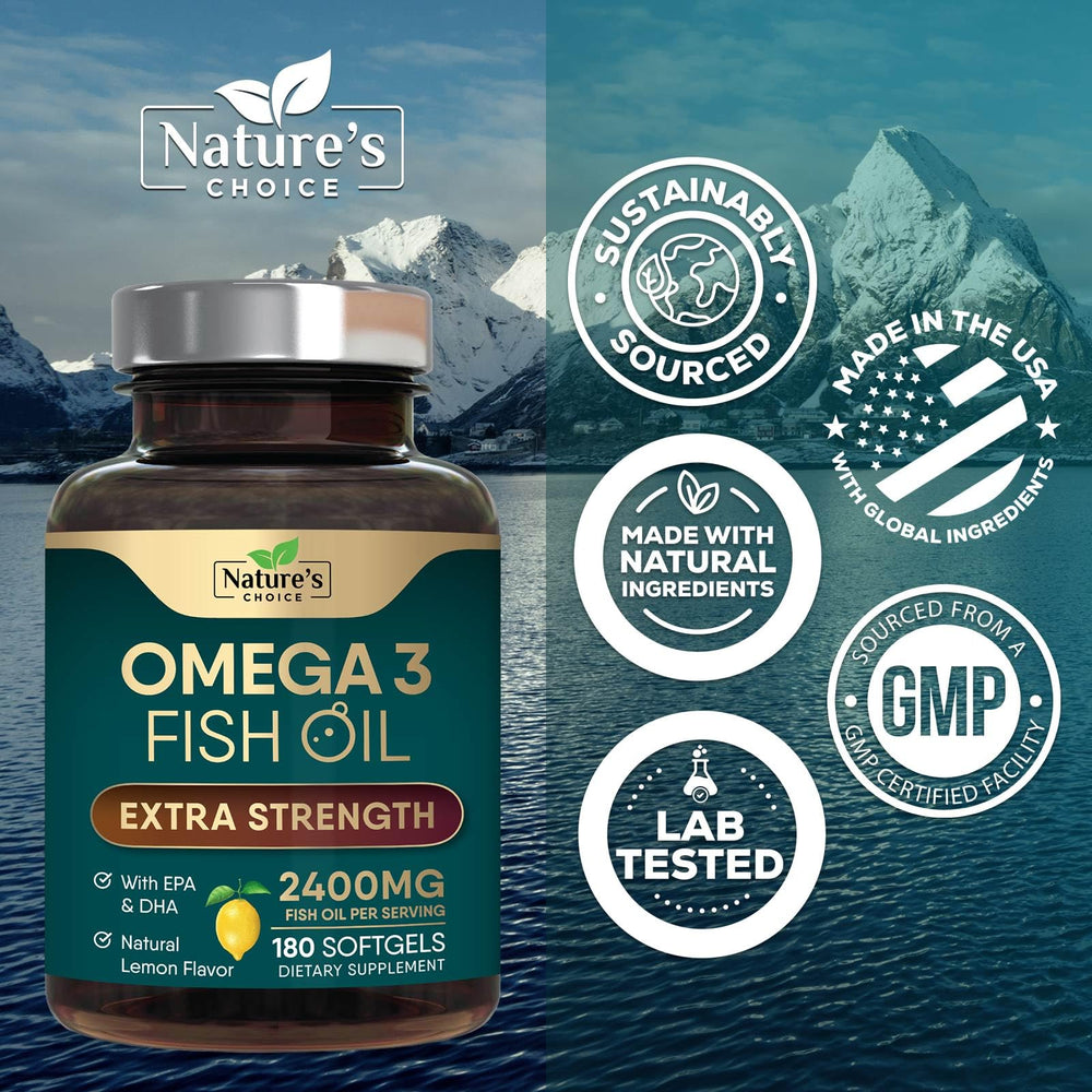 Nature's Choice Omega-3 bottle packaging with USA bottling badge.