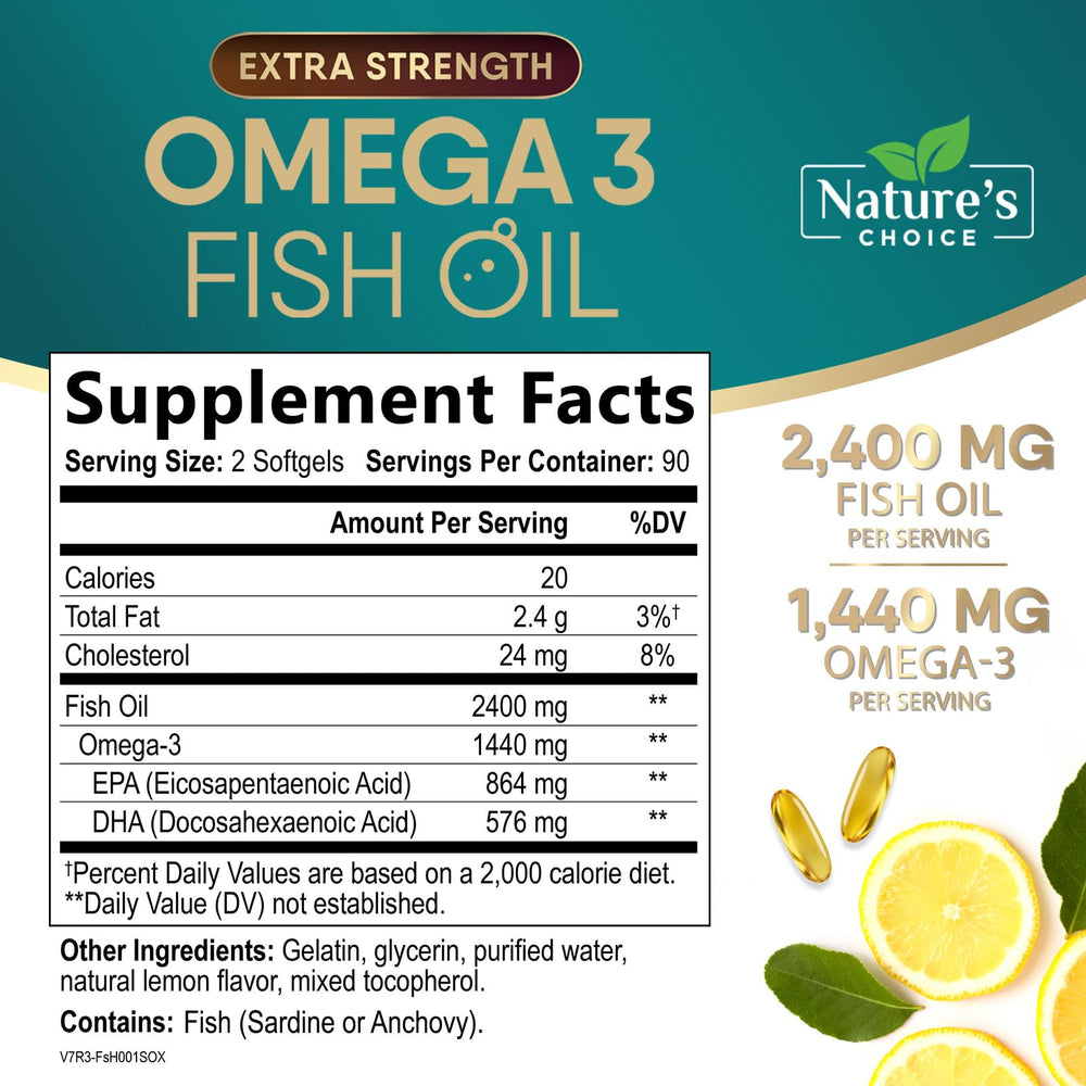 Nature's Choice Omega-3 EPA and DHA softgels closeup for burpless daily use.