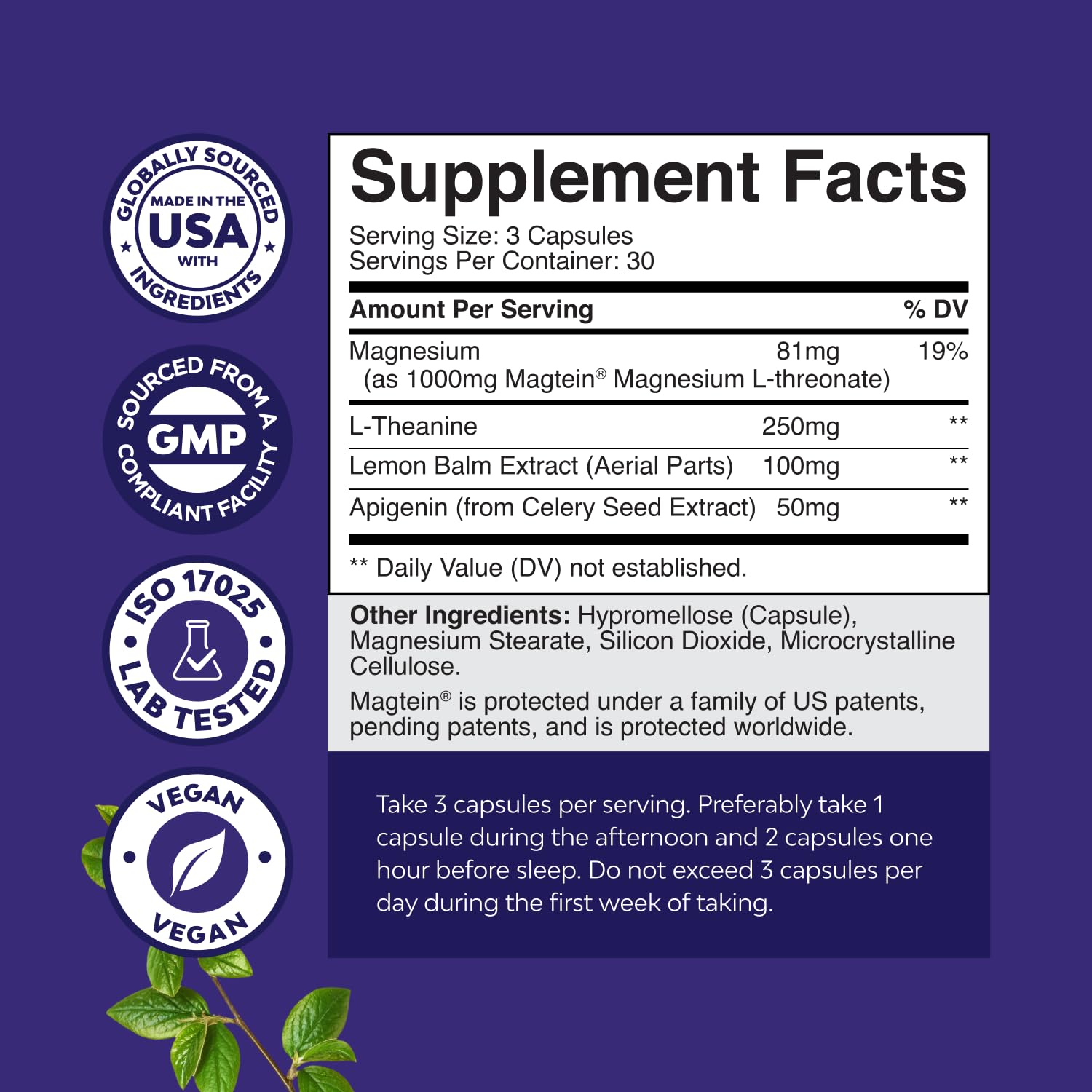 Natures Craft Apigenin-L-Theanine-Lemon Balm blend capsules highlighting calming ingredients