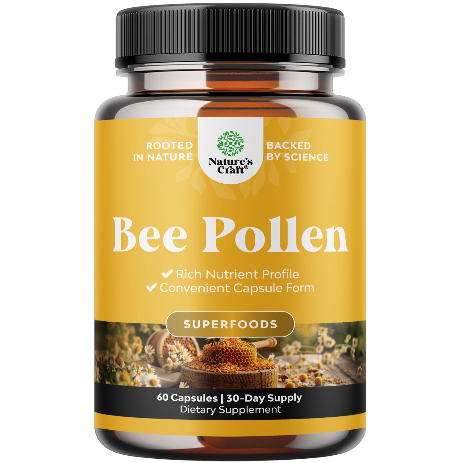 Natures Craft Bee Pollen Pills bottle for easy daily supplementation