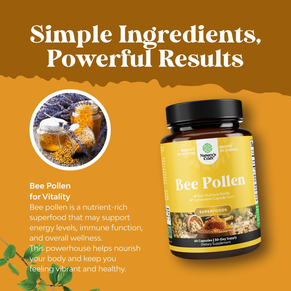 Natures Craft Bee Pollen Pills gluten-free stamp on bottle