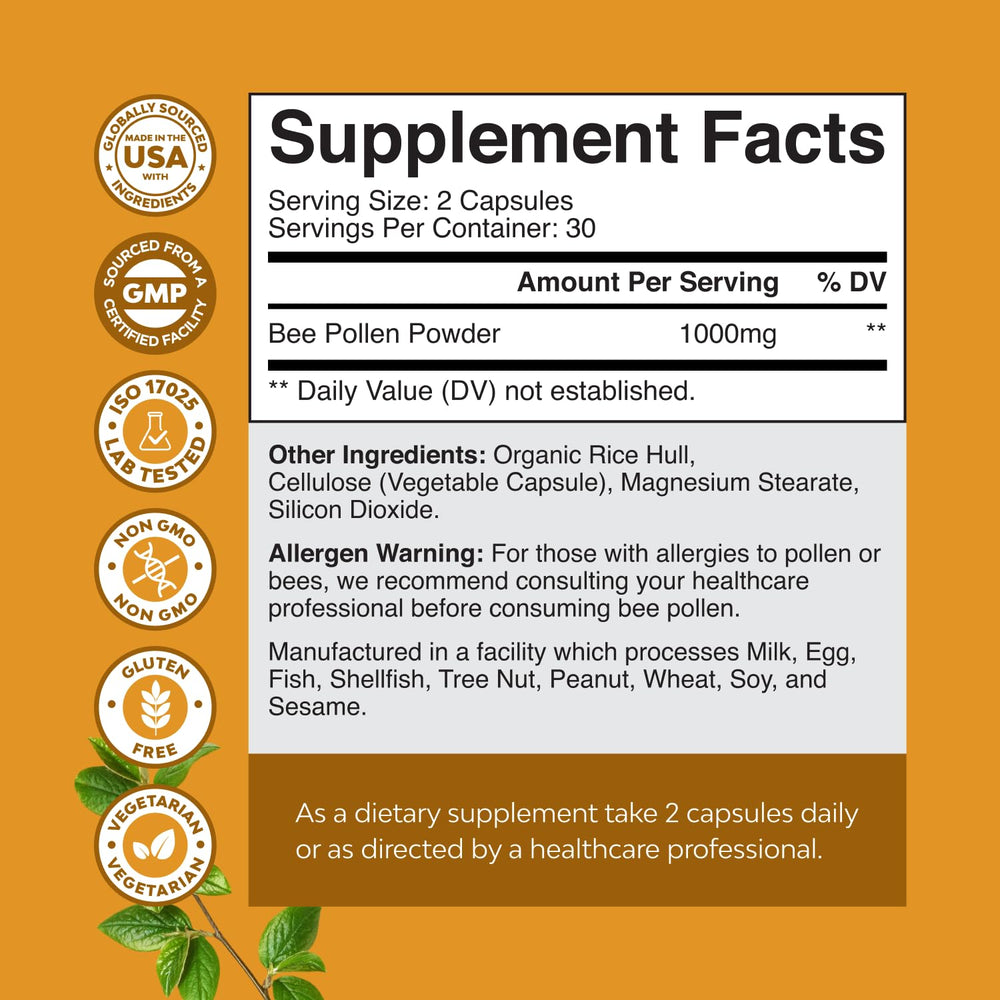 Natures Craft Bee Pollen Pills label design on bottle