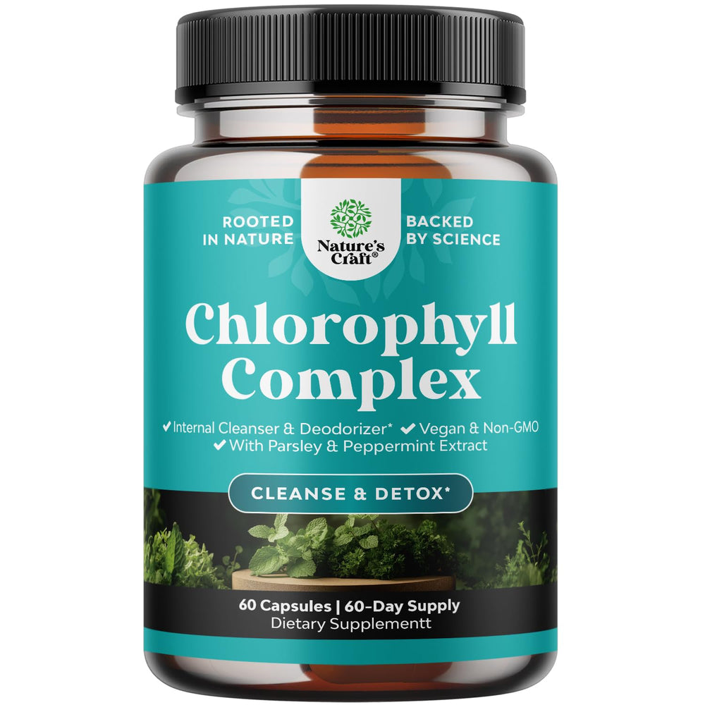 Natures Craft chlorophyll bottle pills for convenient internal deodorant support.