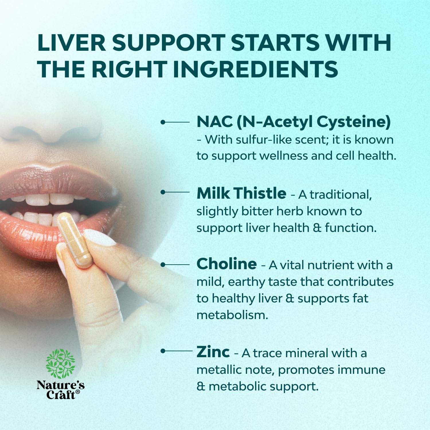 Nature's Craft Choline L-Glutathione panel underlines liver and energy support.