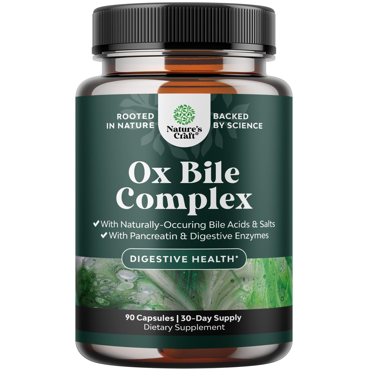 Natures Craft Digestive Enzymes with Ox Bile bottle pour supports fat digestion