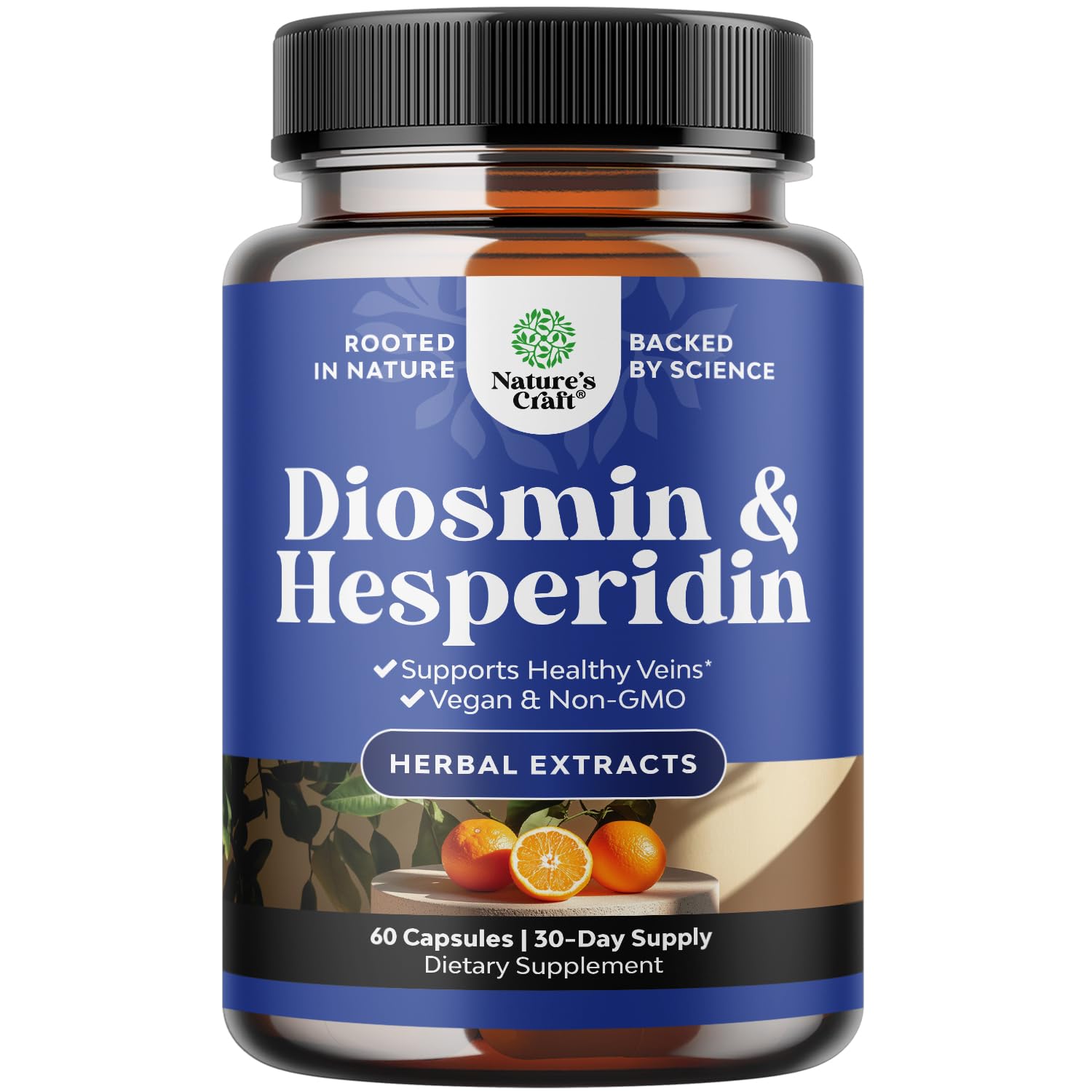 Natures Craft Diosmin Hesperidin 1000mg bottle highlighting vein support for leg comfort.