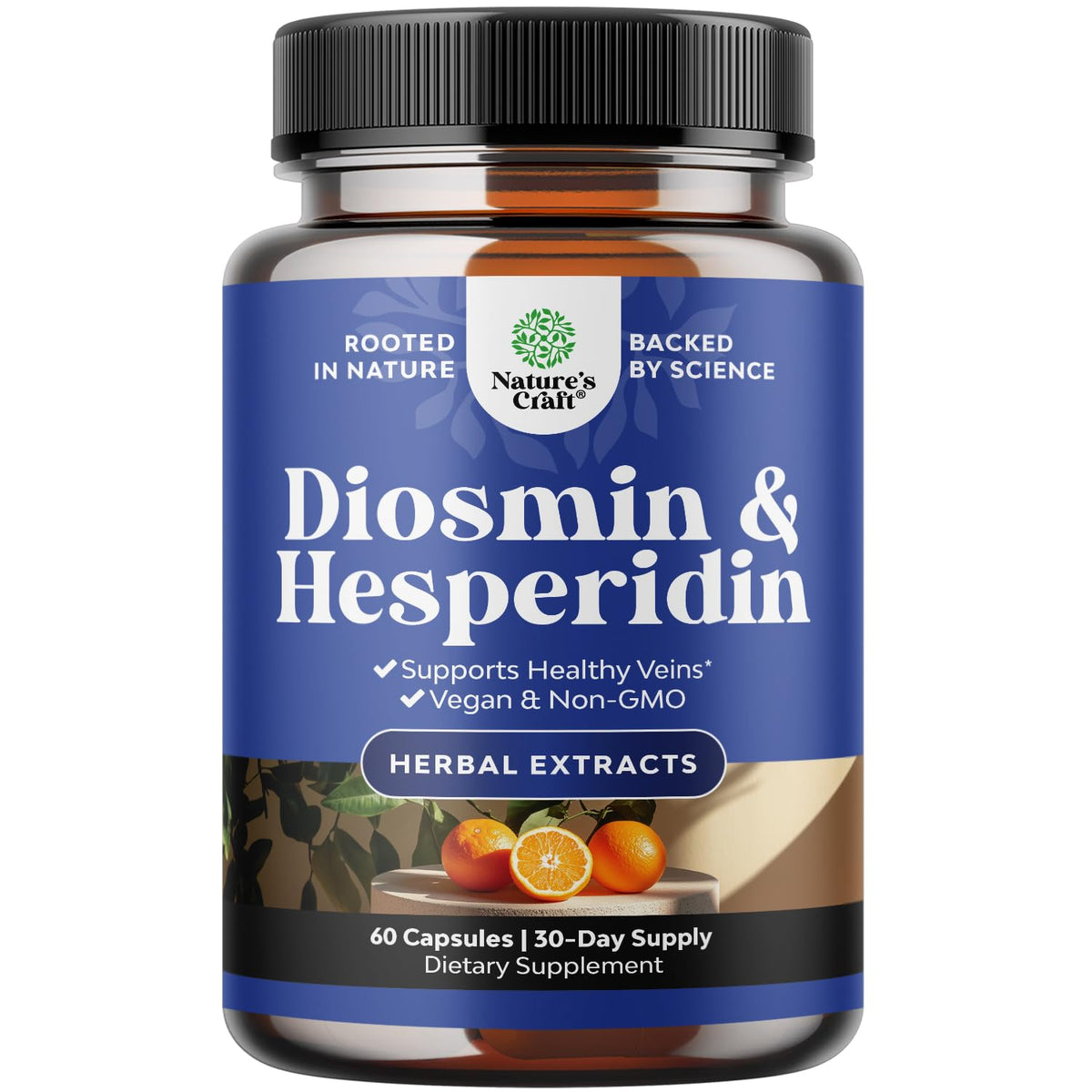 Natures Craft Diosmin Hesperidin 1000mg bottle highlighting vein support for leg comfort.