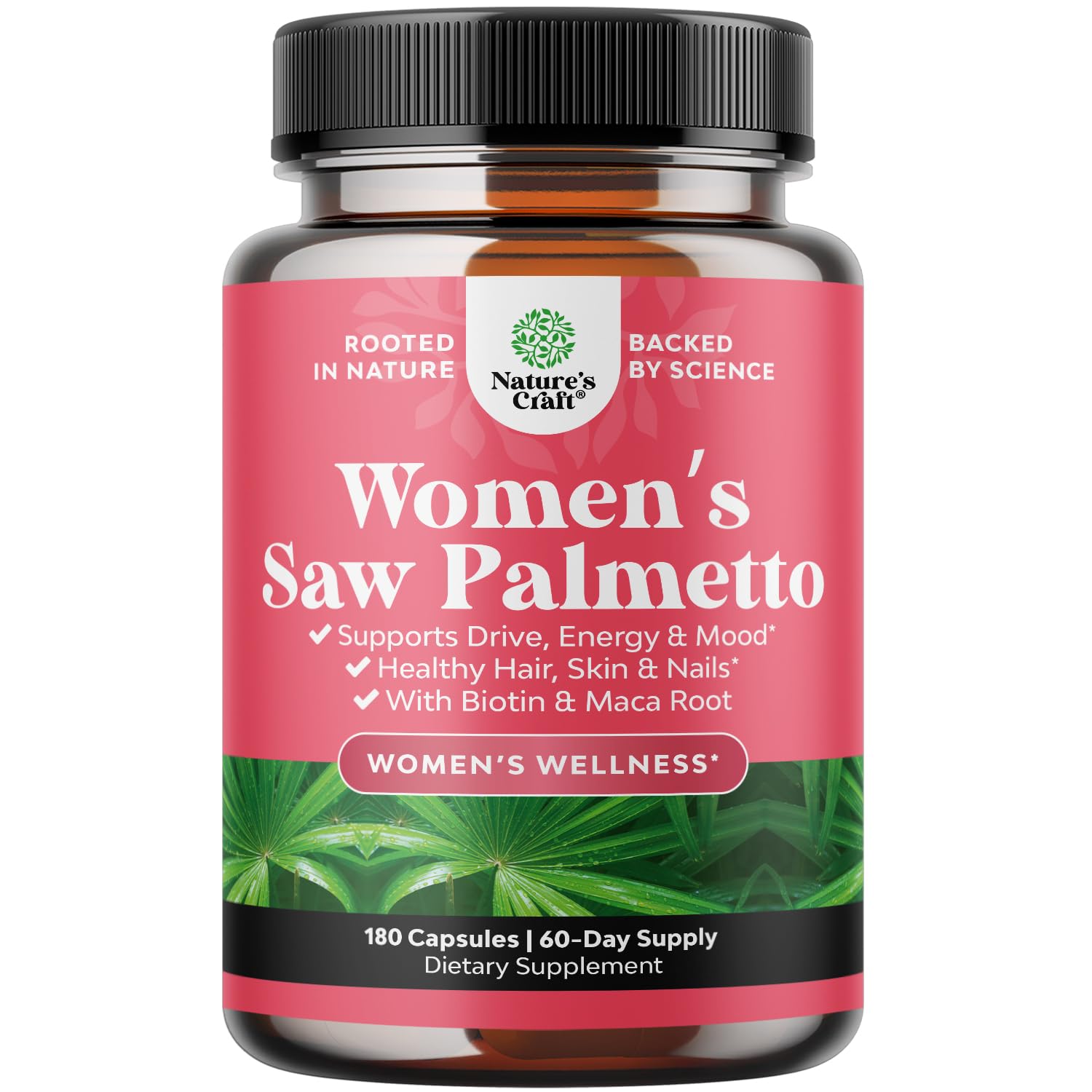 Nature's Craft extra-strength saw palmetto for women bottle pour shows easy daily use