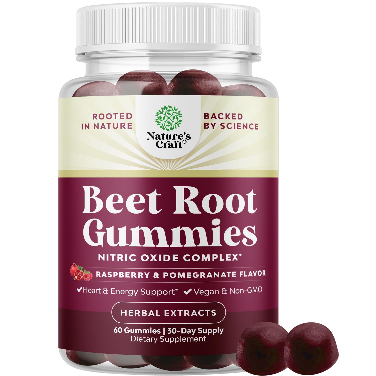 Natures Craft Flow Boosting Beet Root Gummies bottle front with beet imagery for potential energy support