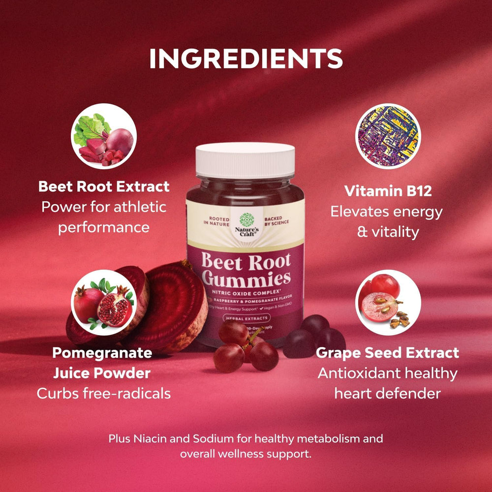 Natures Craft Flow Boosting Beet Root Gummies dosage and gluten free symbol close-up