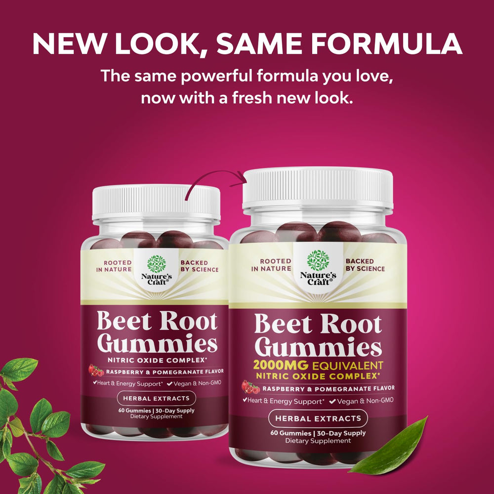 Natures Craft Flow Boosting Beet Root Gummies ingredients panel featuring beetroot, pomegranate, and grape seed