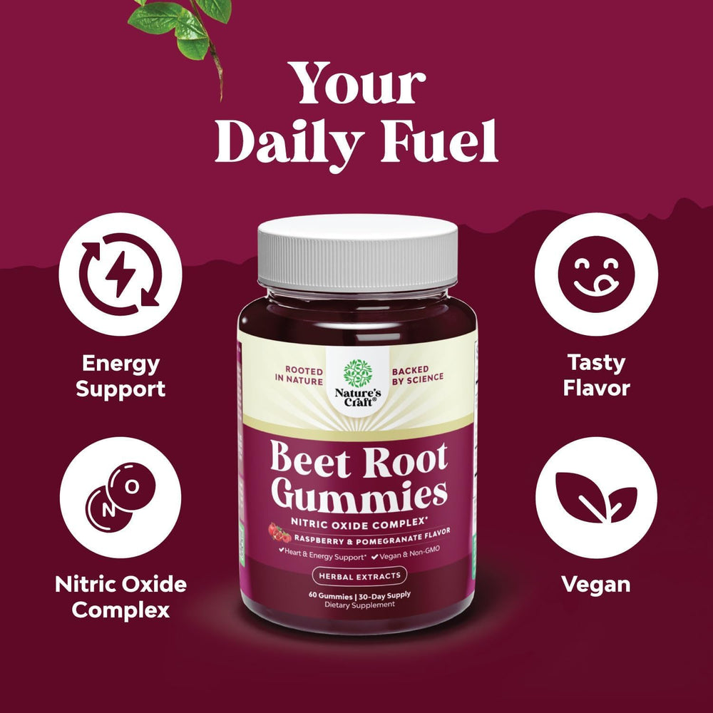 Natures Craft Flow Boosting Beet Root Gummies vitamin B12 label highlight for energy metabolism