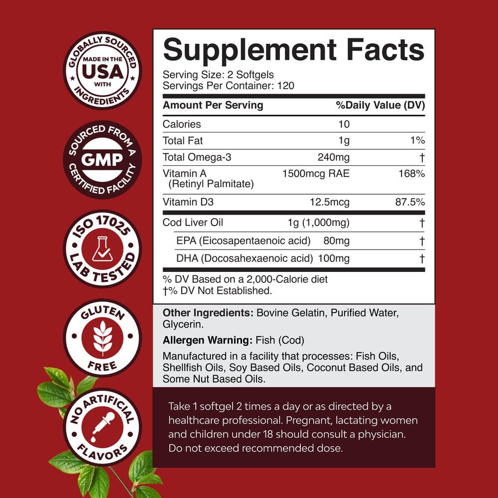 Nature's Craft cod liver oil label detail shows EPA and DHA content