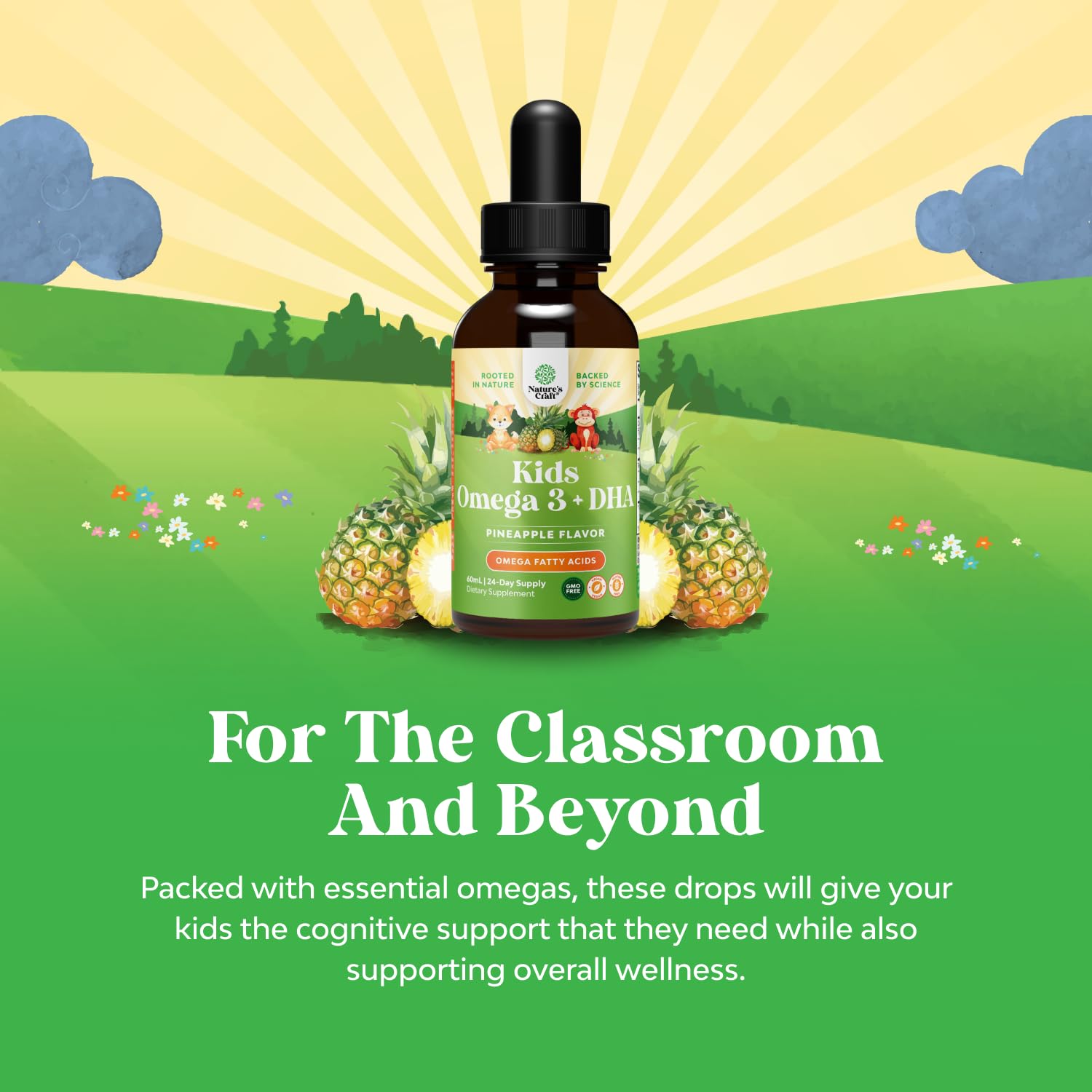 Natures Craft Kids DHA Omega 3 Drops natural fruit flavor image for kids.