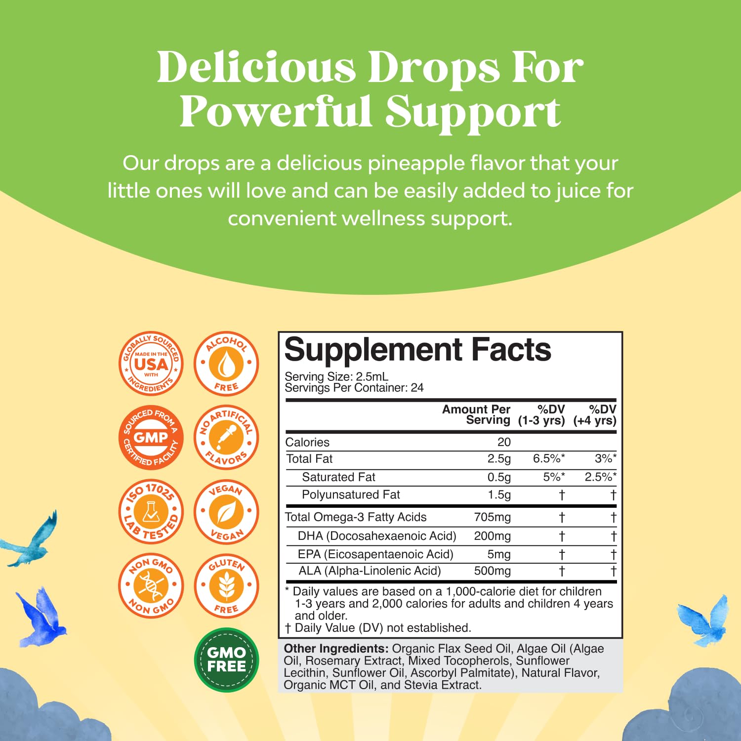 Natures Craft vegan label highlights fish-free formula for plant-based kid nutrition.