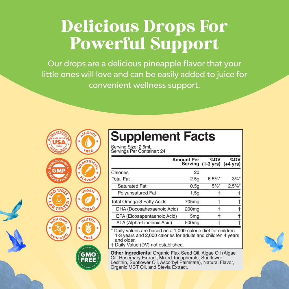 Natures Craft vegan label highlights fish-free formula for plant-based kid nutrition.