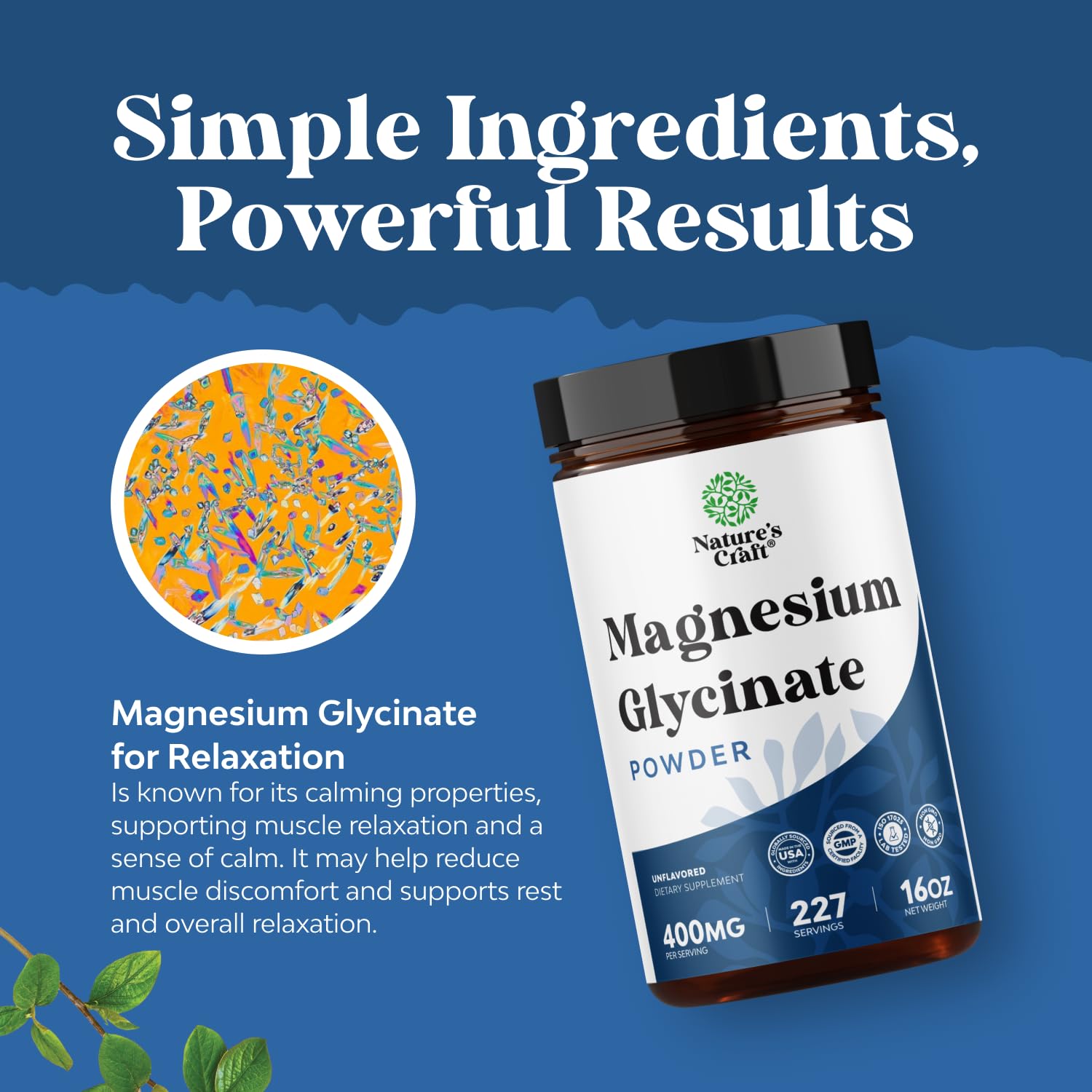 Relaxed bedtime scene with a glass of water and Natures Craft magnesium glycinate powder.