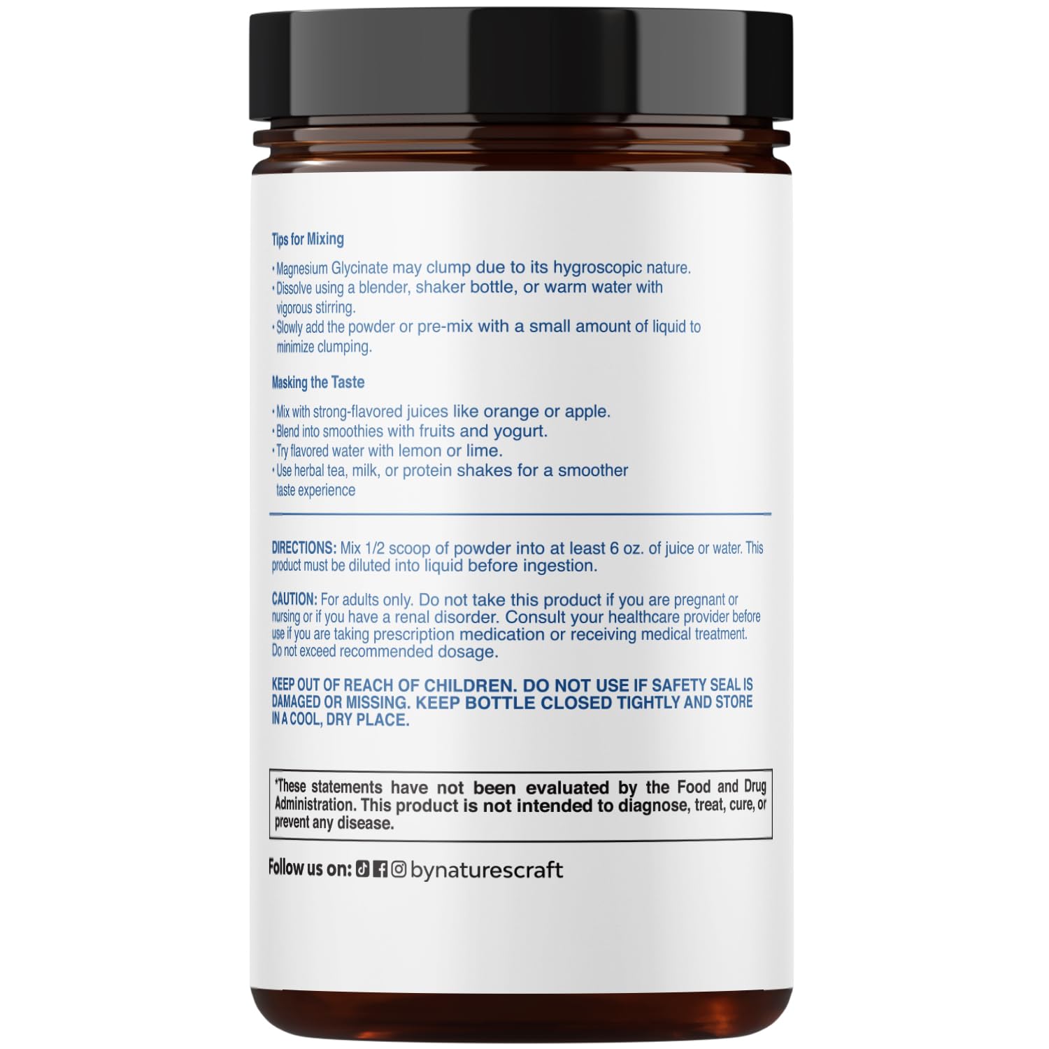 Natures Craft Magnesium Glycinate Powder scoop showing high-absorption formula for gentle digestion.