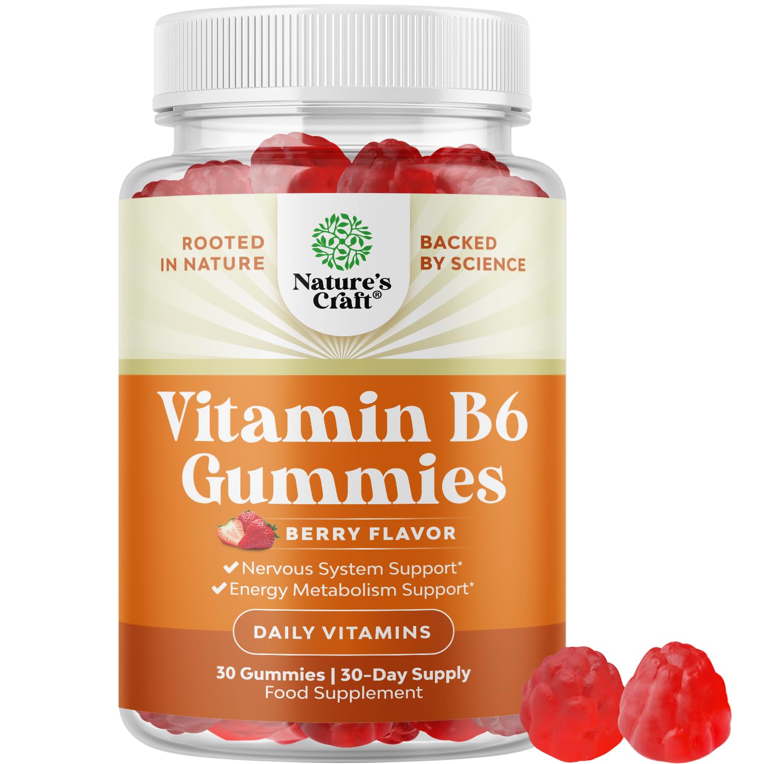 Natures Craft Potent B6 Gummies bottle front for convenient energy and mood support.